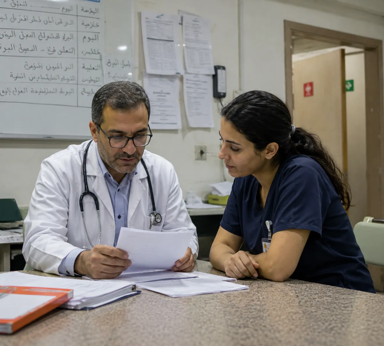 Doctor and healthcare professional reviewing a medical file together